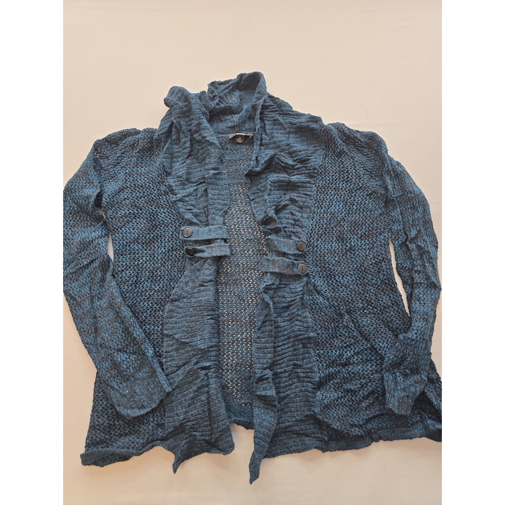 AGB Womens XL Teal Black Marled Open Knit Ruffle Front Cardigan Sweater